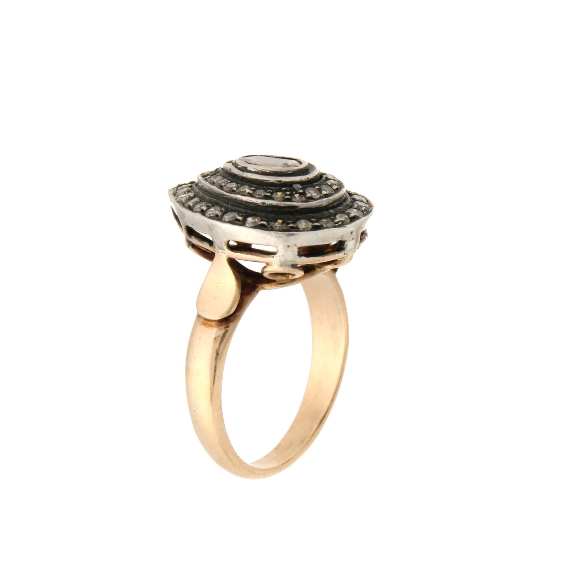 Women's or Men's Handcraft 14 Karat Yellow Gold and Silver Diamonds Cocktail Ring For Sale