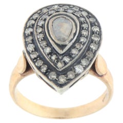 Antique Style 14K Gold & 800 Silver Navette Shield Ring with Natural Diamond
