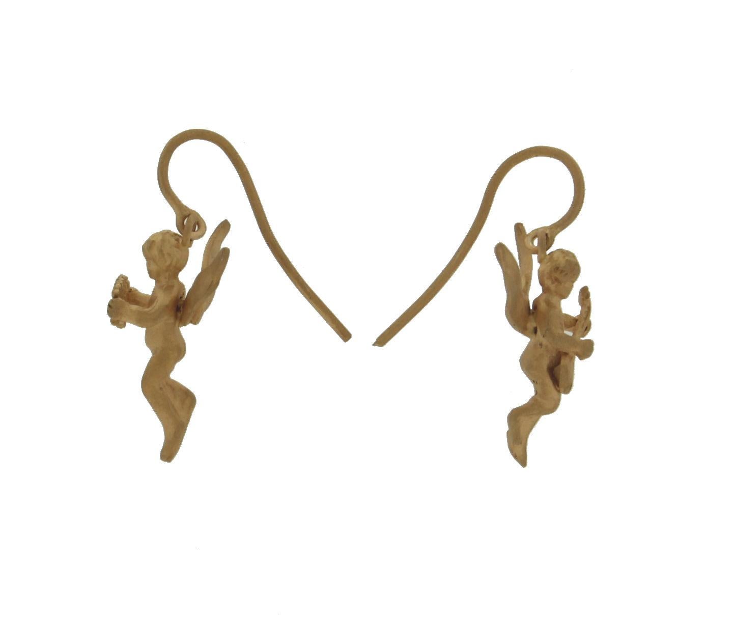 Artisan Handcraft 14 Karat Yellow Gold Angel Drop Earrings For Sale