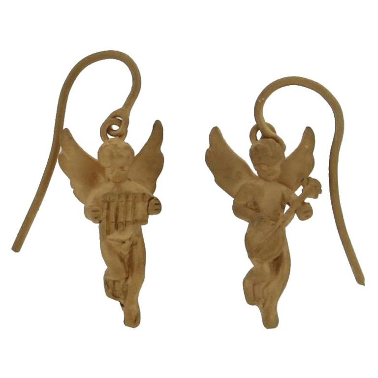 Handcraft 14 Karat Yellow Gold Angel Drop Earrings For Sale at 1stDibs