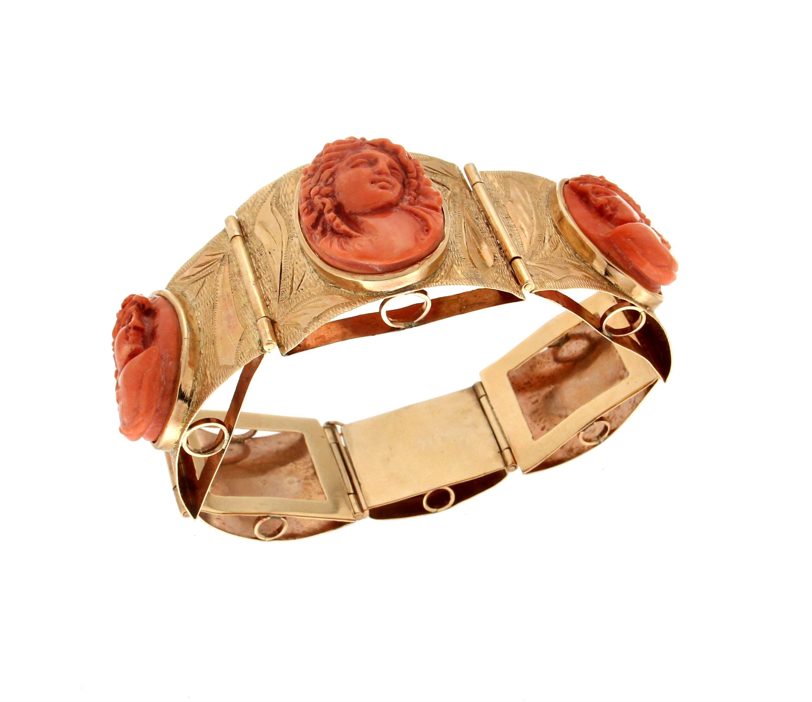 Artisan Handcraft 14 Karat Yellow Gold Coral Cuff Bracelet For Sale