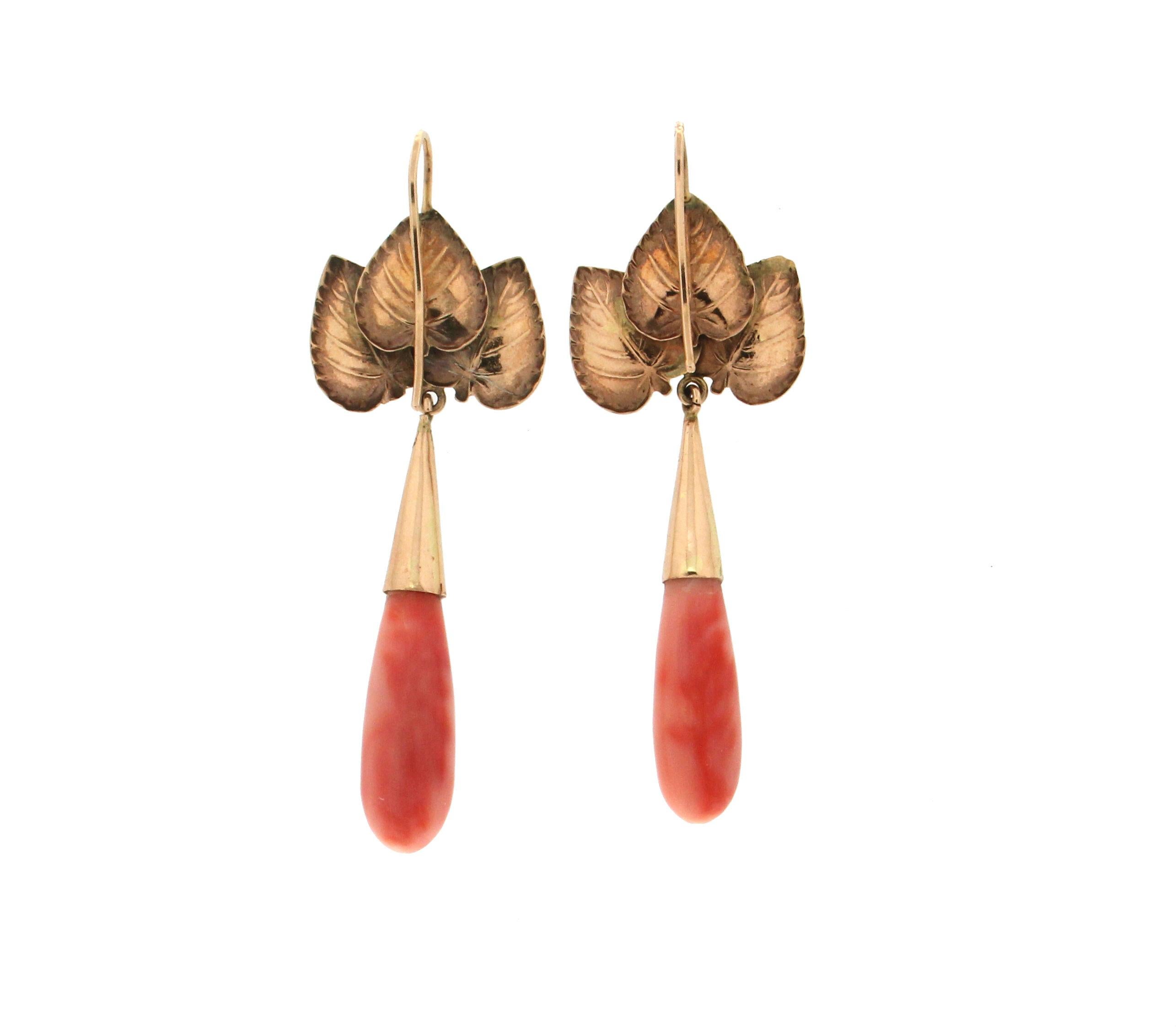 Artisan Handcraft 14 Karat Yellow Gold Coral Drop Earrings For Sale