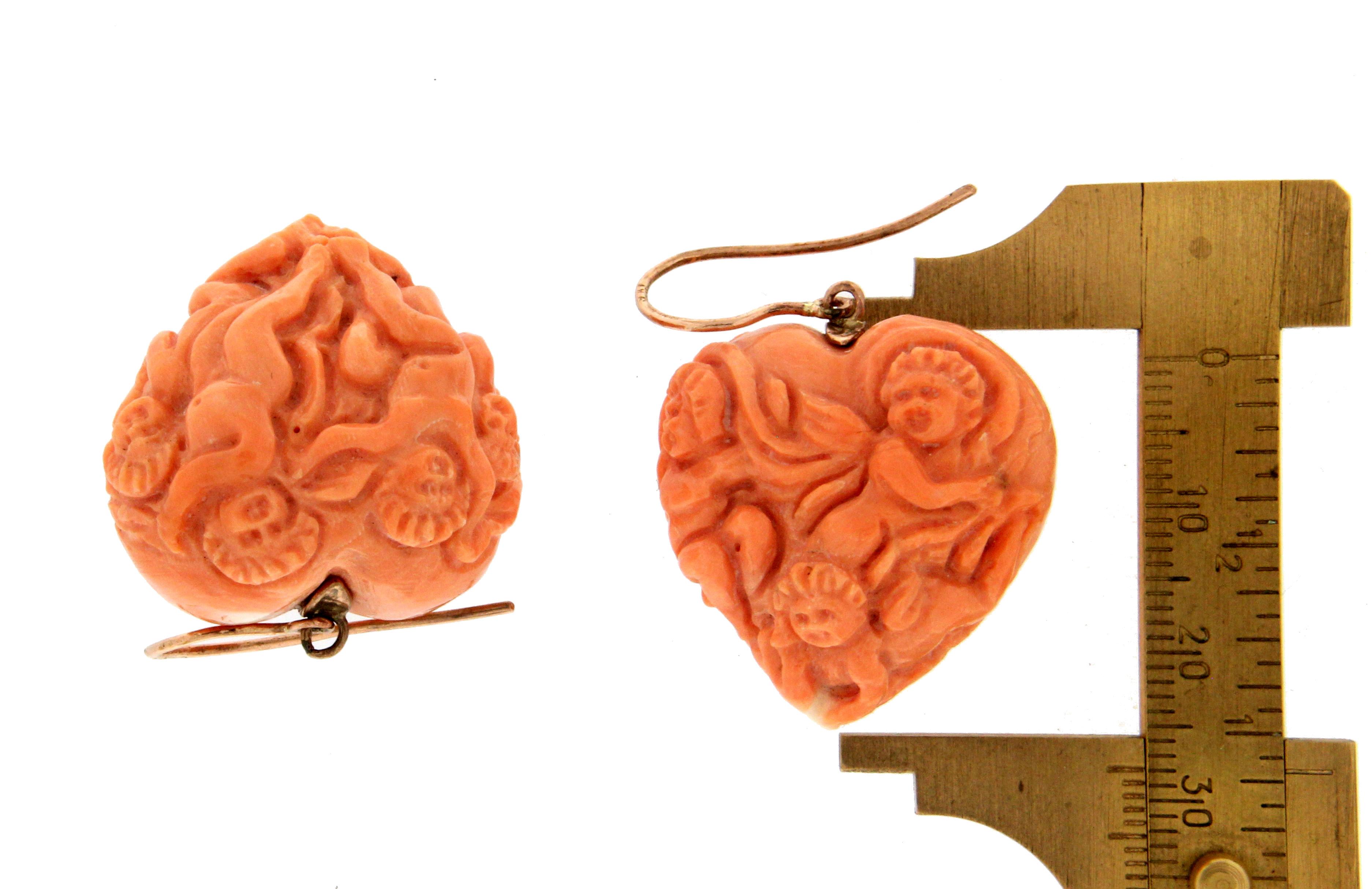 Heart Cut Handcraft 14 Karat Yellow Gold Coral Drop Earrings For Sale
