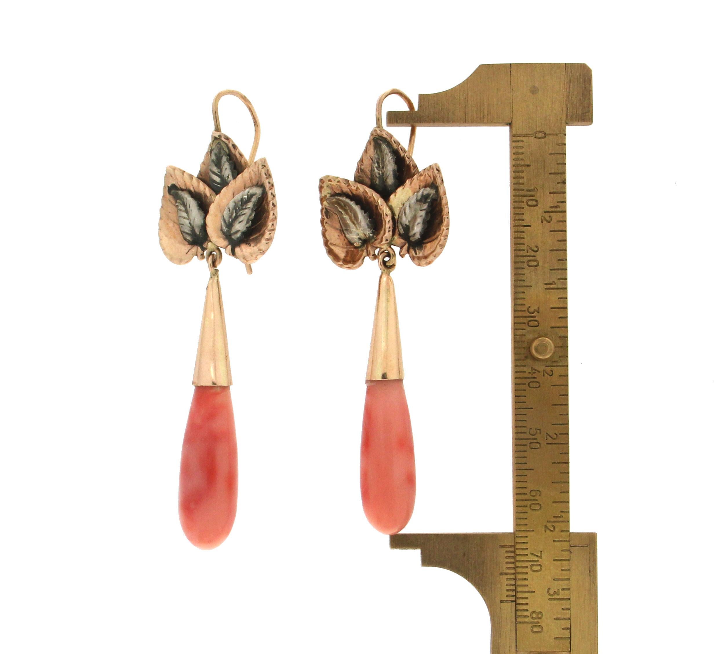 Pear Cut Handcraft 14 Karat Yellow Gold Coral Drop Earrings For Sale