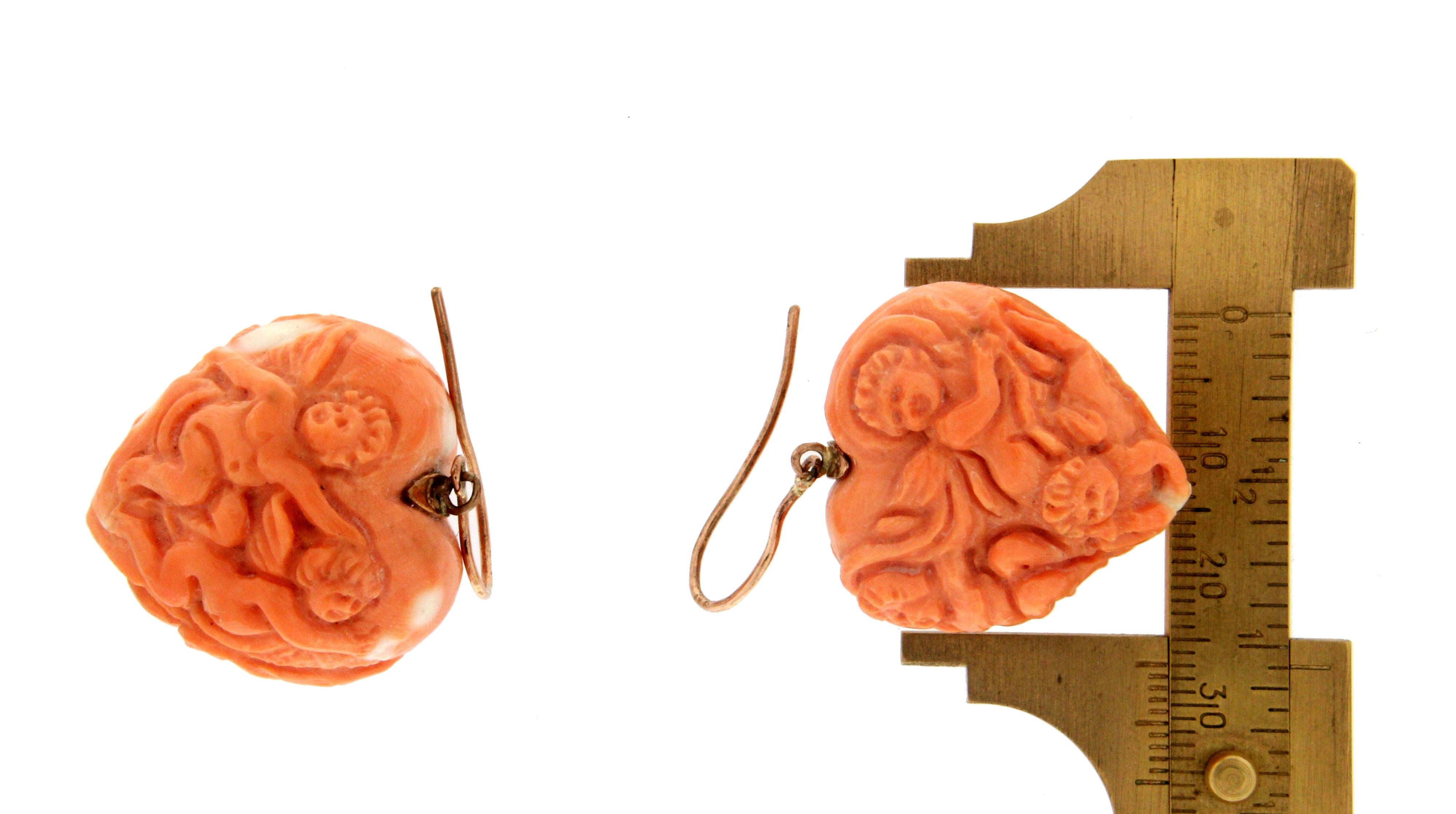 Women's or Men's Handcraft 14 Karat Yellow Gold Coral Drop Earrings For Sale