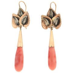 Retro Handcraft 14 Karat Yellow Gold Coral Drop Earrings