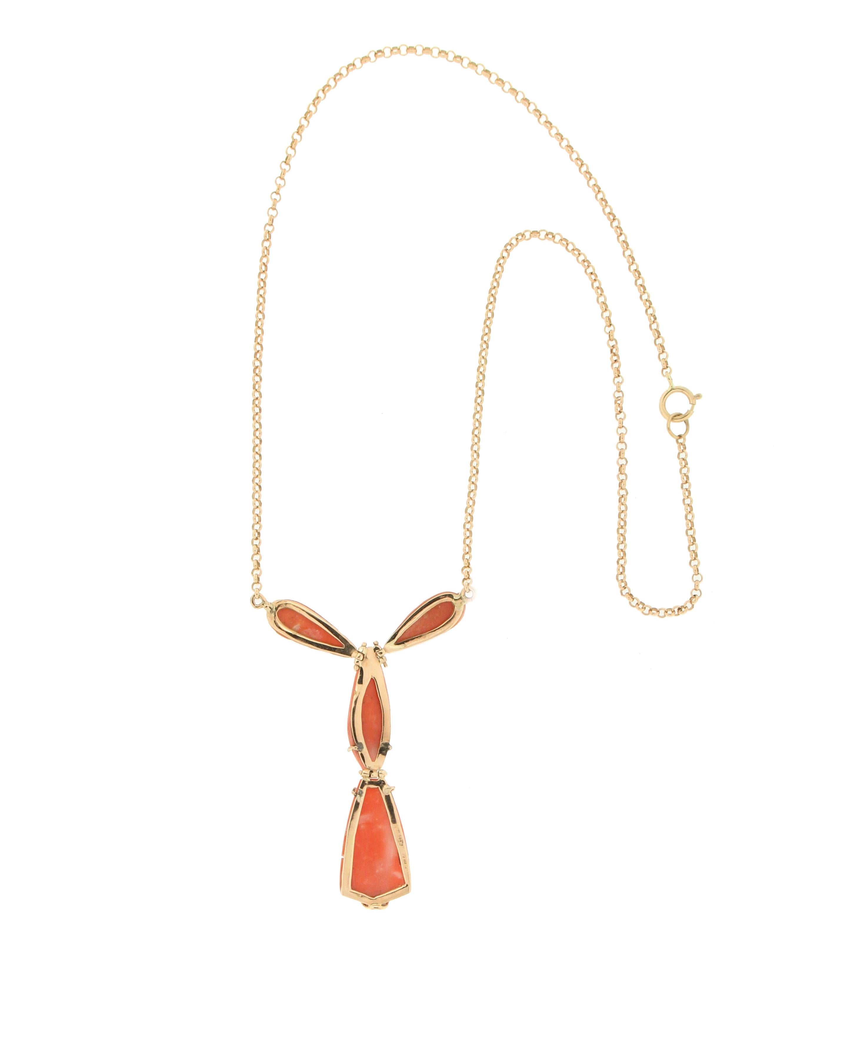 Women's or Men's Handcraft 14 Karat Yellow Gold Coral Pendant Necklace For Sale