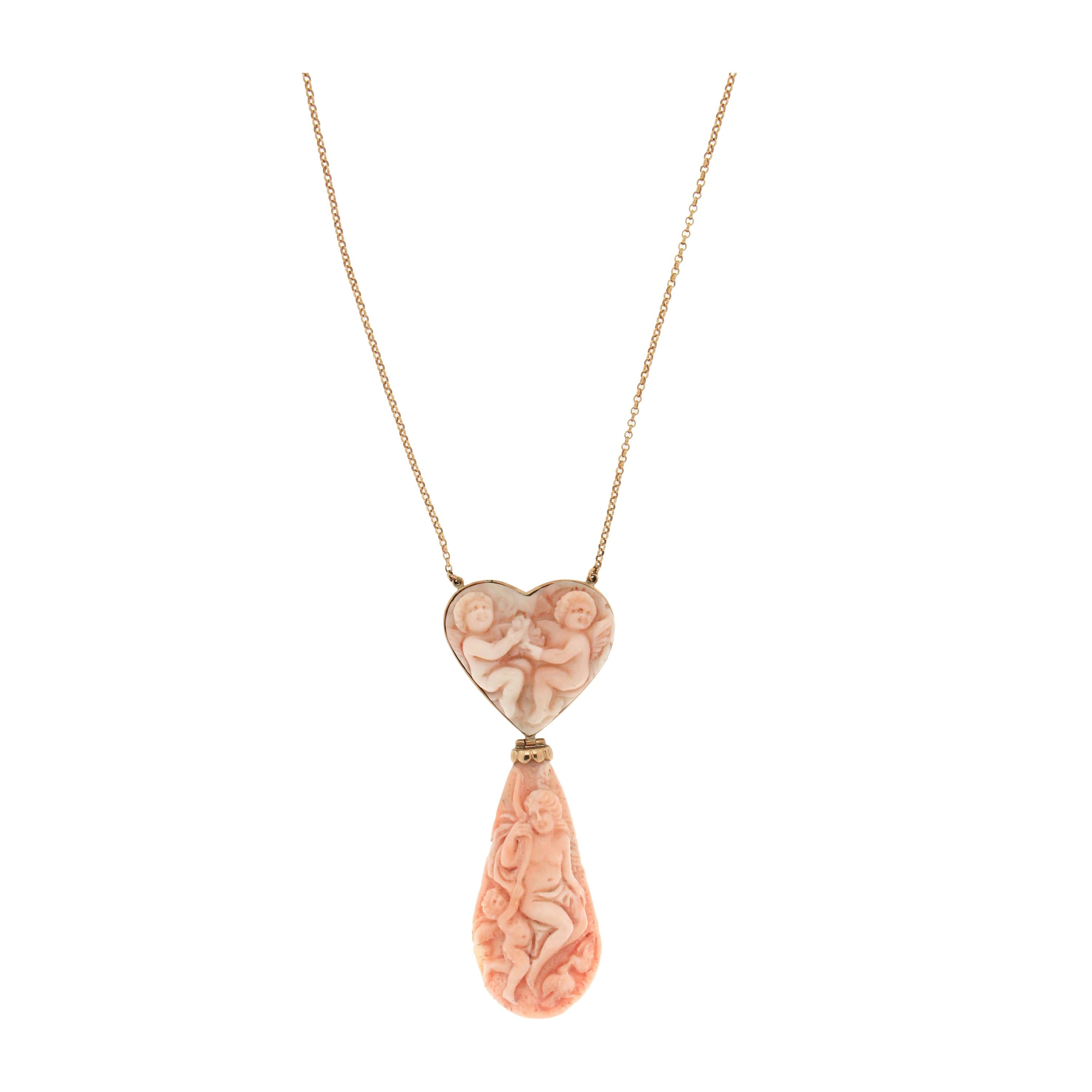 Handcraft 14 Karat Yellow Gold Coral Pendant Necklace