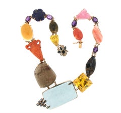 Vintage 14K Gold Eclectic Carved Coral, Lapis, Amethyst & Quartz Collar Necklace