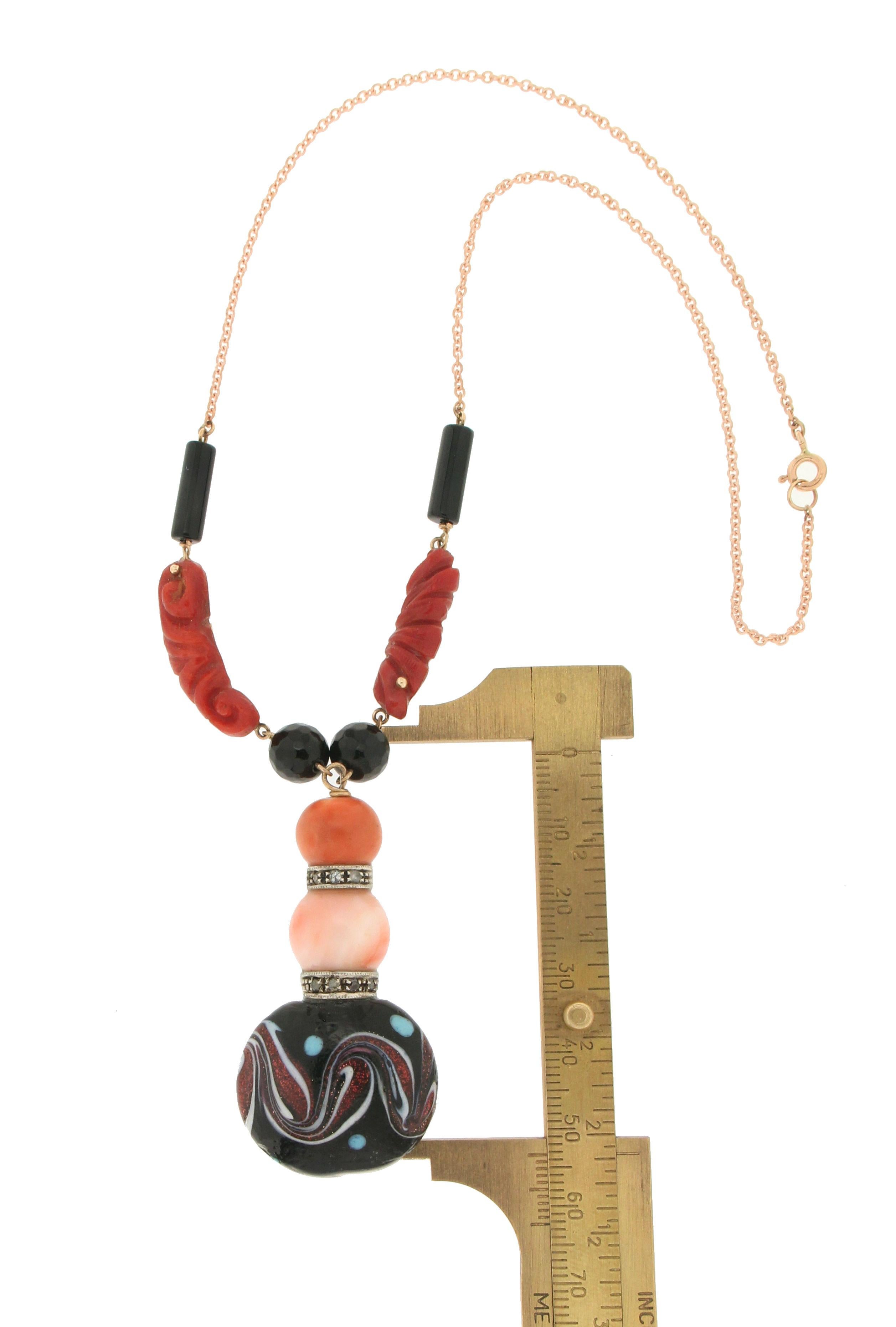 Mixed Cut Handcraft 14 Karat Yellow Gold Diamonds Coral Onyx and Murrina Pendant Necklace For Sale