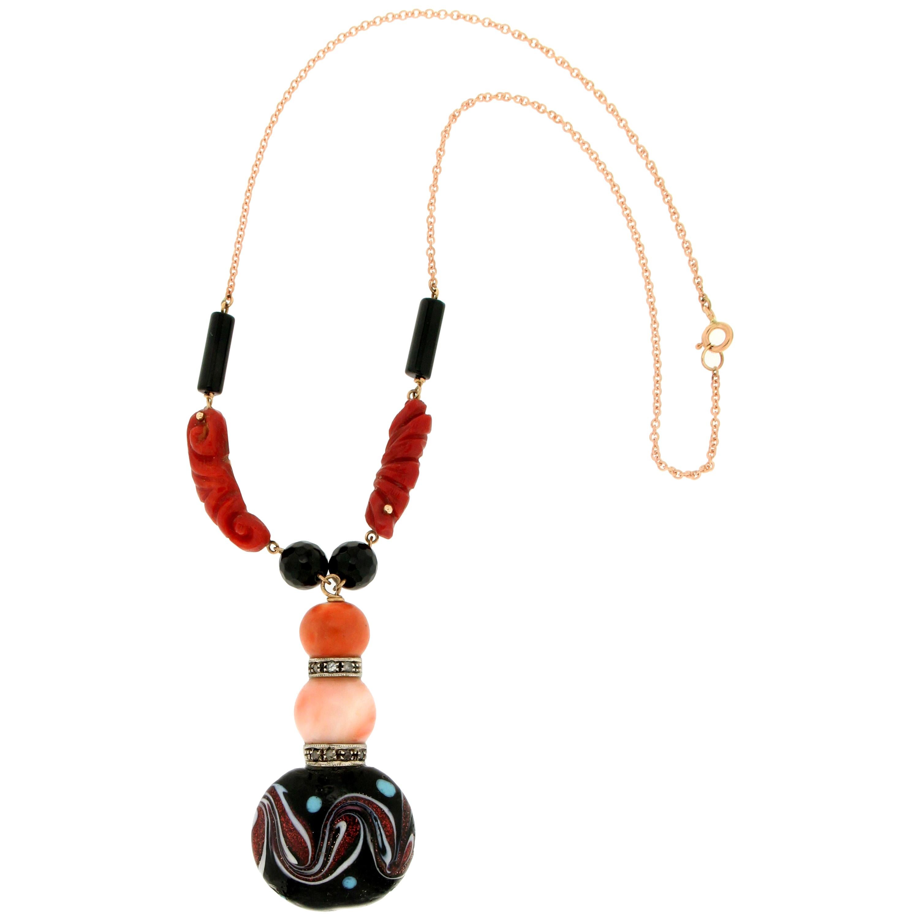 Handcraft 14 Karat Yellow Gold Diamonds Coral Onyx and Murrina Pendant Necklace For Sale
