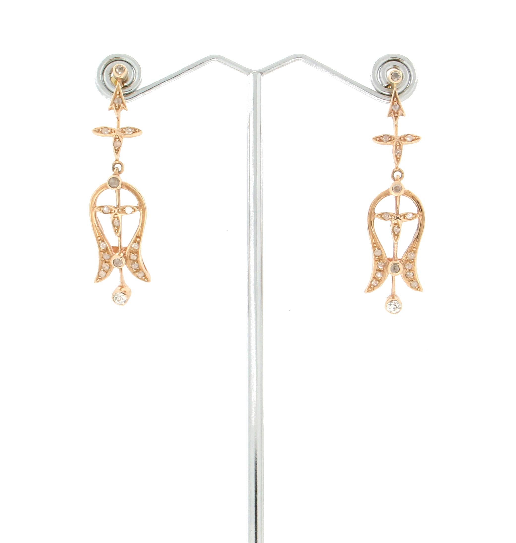 Handcraft 14 Karat Yellow Gold Diamonds Drop Earrings In New Condition For Sale In Marcianise, IT