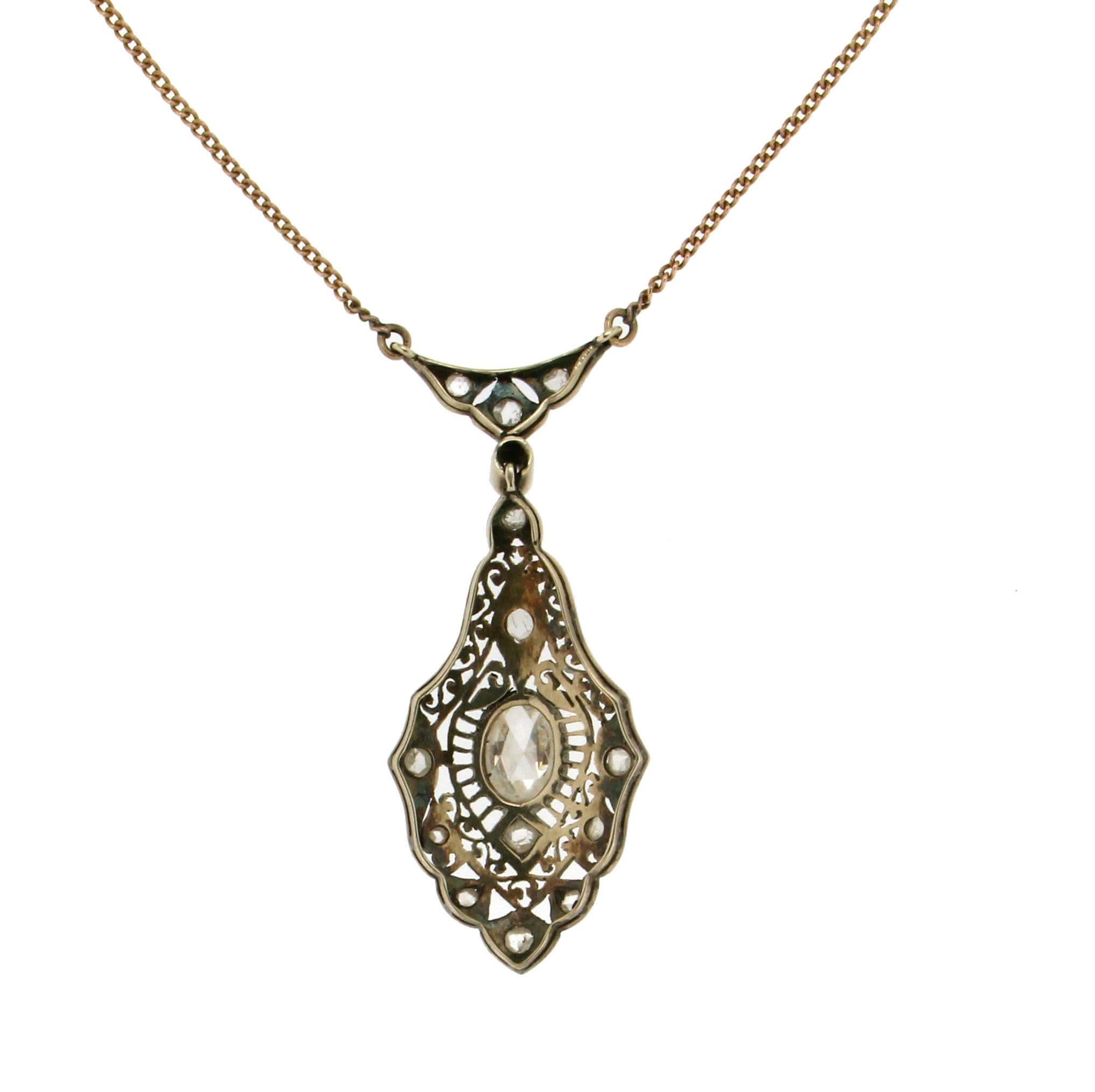 Rose Cut Handcraft 14 Karat Yellow Gold Diamonds Pendant Necklace For Sale