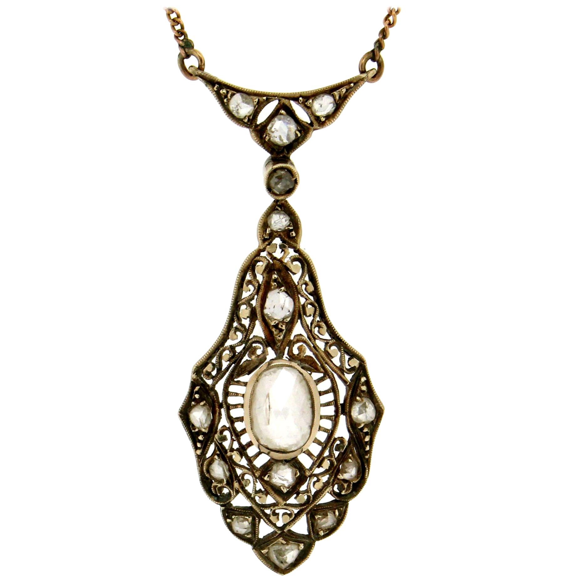 Collar Colgante Diamantes Artesanal Oro Amarillo 14 Kilates