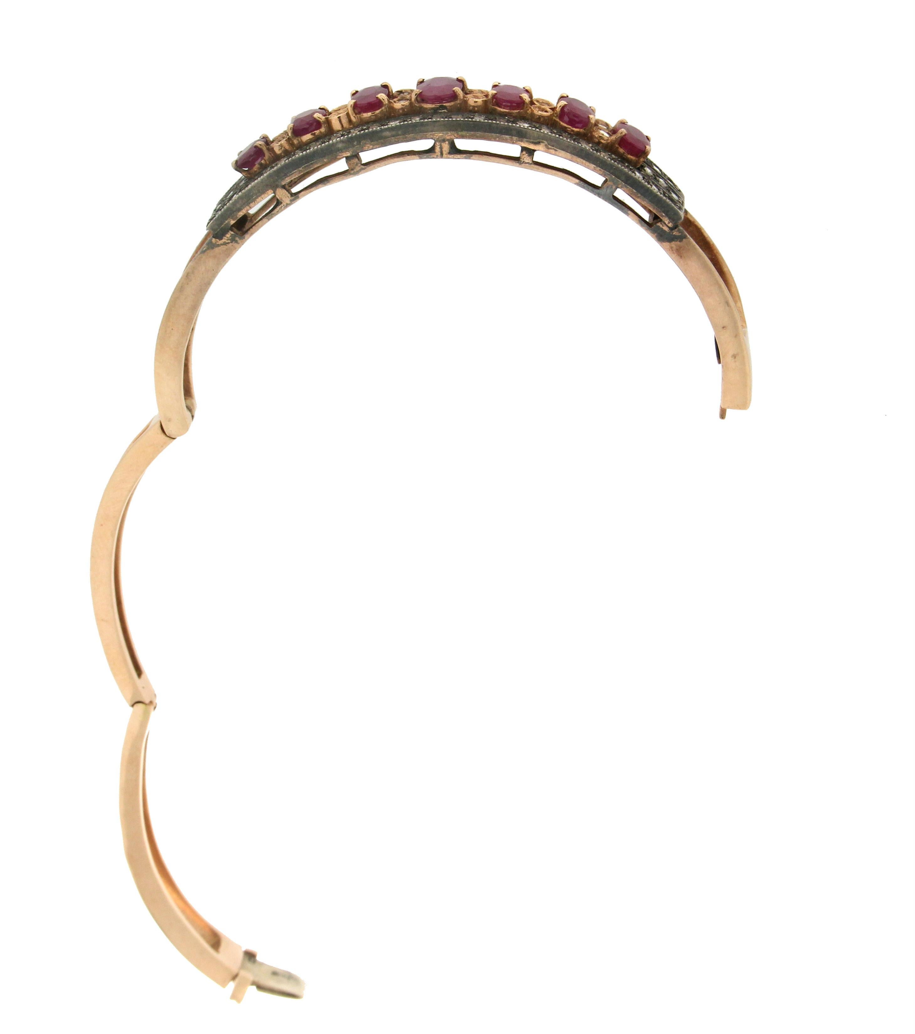 Bracelet jonc artisanal en or jaune 14 carats avec diamants et rubis Unisexe en vente