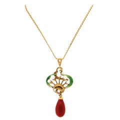 Handcraft 14 Karat Yellow Gold Enamel Coral and Pearls Pendant Necklace