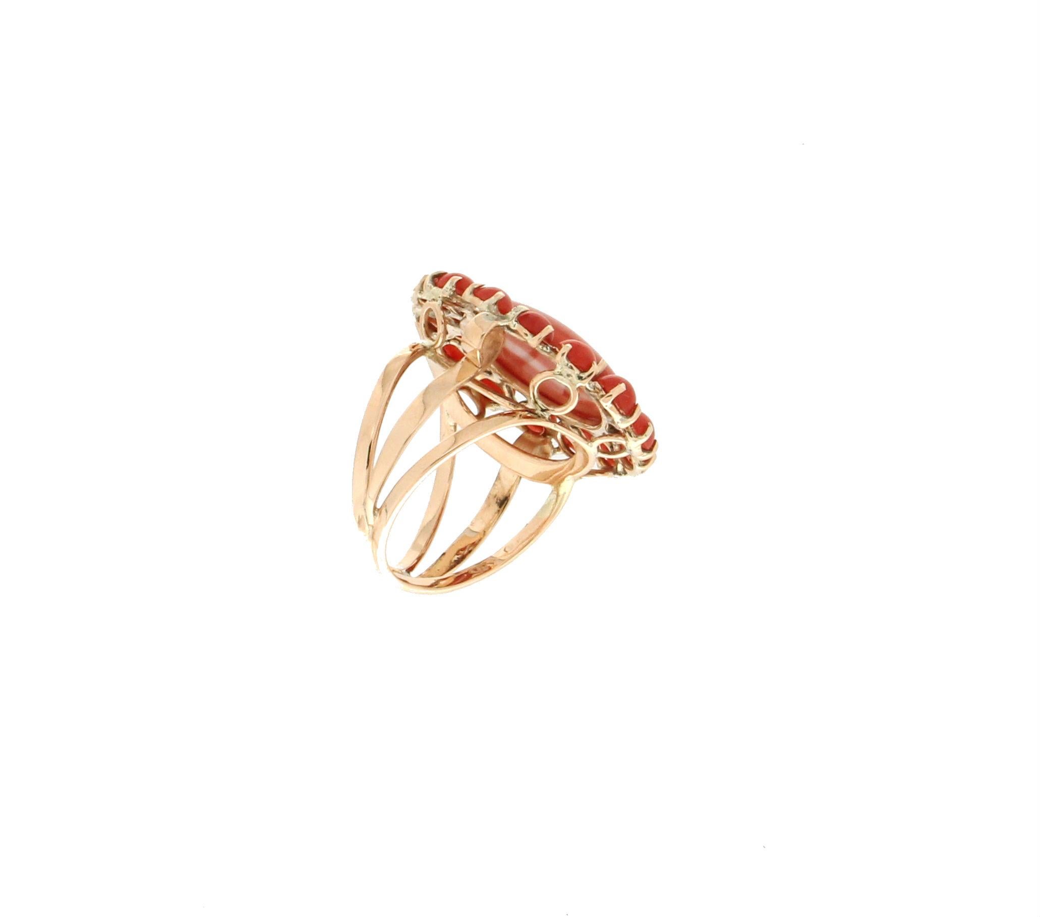 Handcraft 14 Karat Yellow Gold Natural Mediterranean Coral Ring In New Condition For Sale In Marcianise, IT