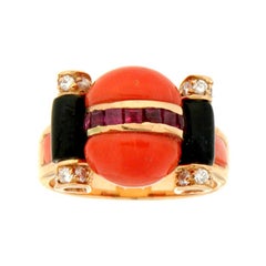Handcraft 14 Karat Yellow Gold Ruby Onyx Diamonds Cocktail Ring