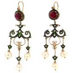 Handcraft 14 Karat Yellow Gold Tourmaline Diamonds Pearls Drop Earrings