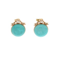 Contemporary 14K Yellow Gold Turqouise Diamond Grain Setting Stud Earring