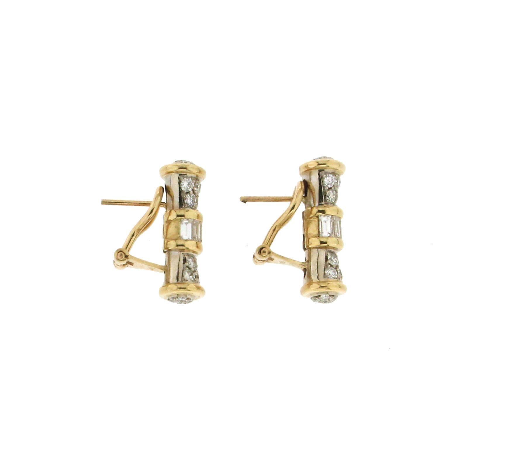 Baguette Cut Handcraft 18 Karat White and Yellow Gold Diamonds Clip-On Earrings For Sale