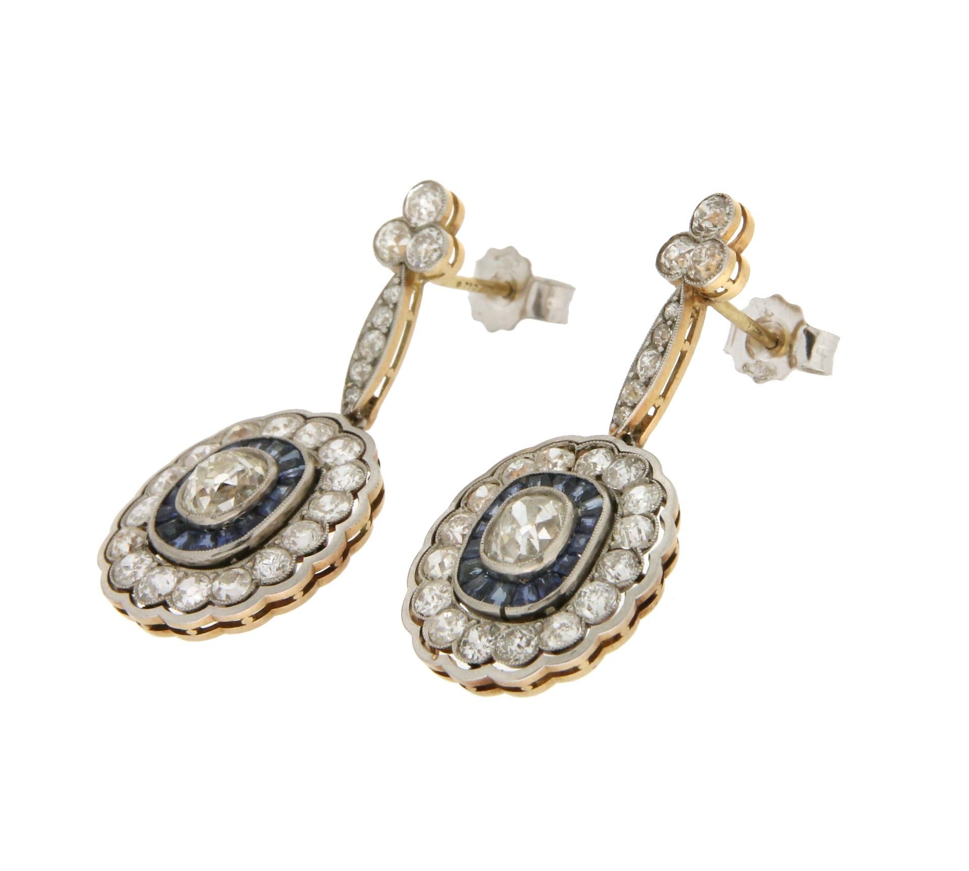 Artisan Handcraft 18 Karat White Gold and Platinum Diamonds Sapphires Drop Earrings For Sale