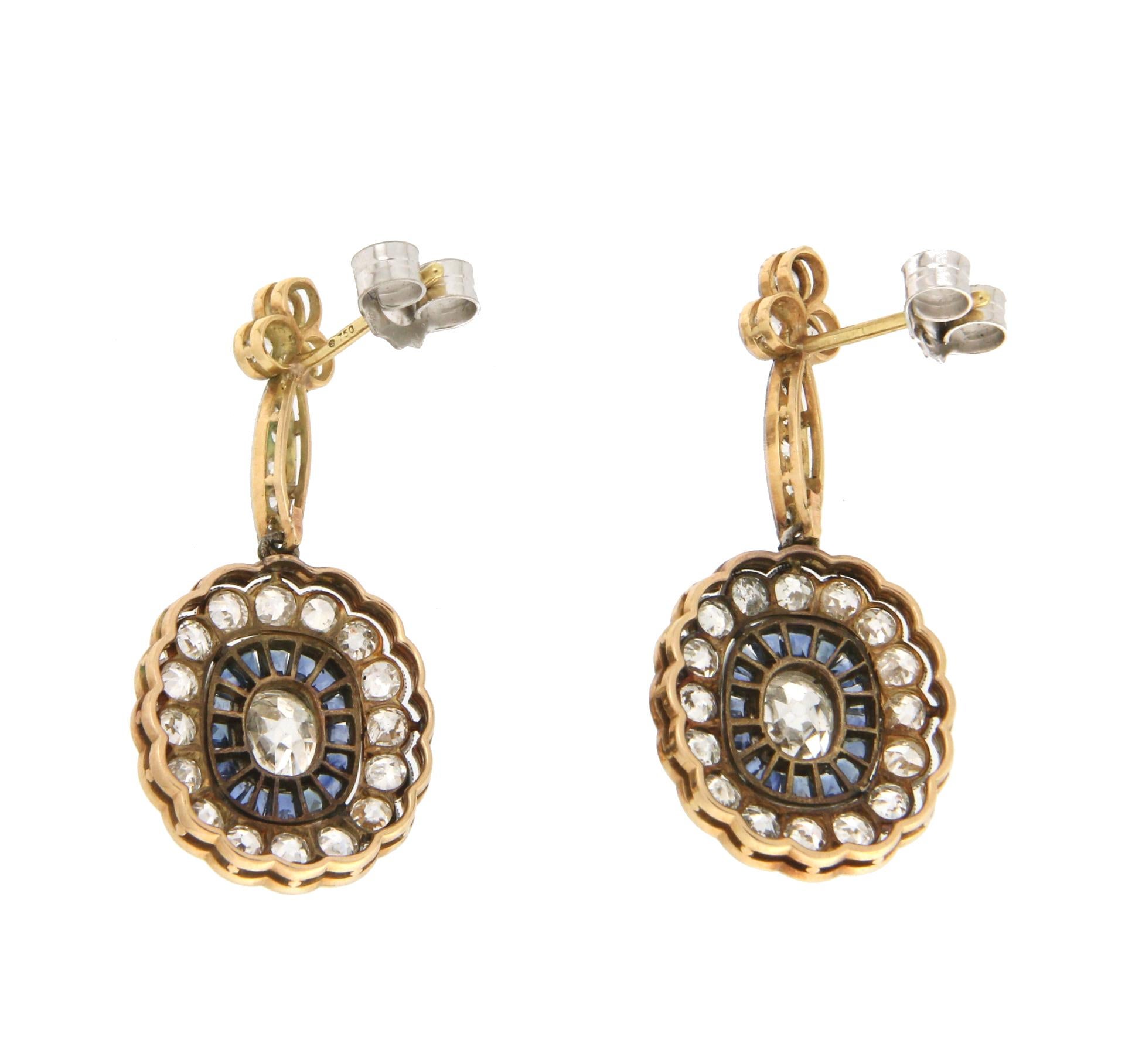 Women's or Men's Handcraft 18 Karat White Gold and Platinum Diamonds Sapphires Drop Earrings For Sale