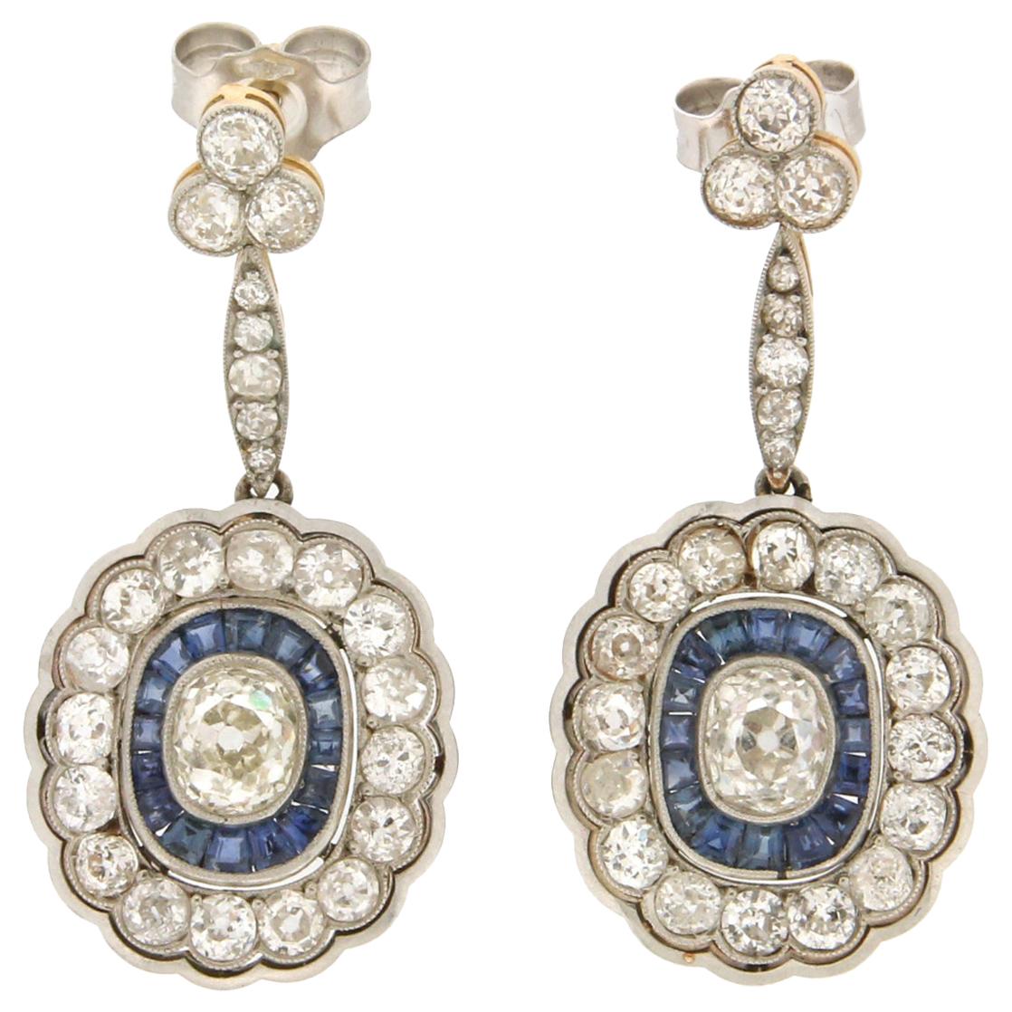 Handcraft 18 Karat White Gold and Platinum Diamonds Sapphires Drop Earrings