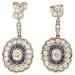 Retro Handcraft 18 Karat White Gold and Platinum Diamonds Sapphires Drop Earrings