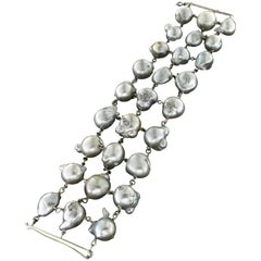 Handcraft 18 Karat White Gold Diamonds Australian Baroque Pearls Cuff Bracelet