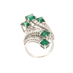 Handcraft 18 Karat White Gold Diamonds Emeralds Cocktail Ring