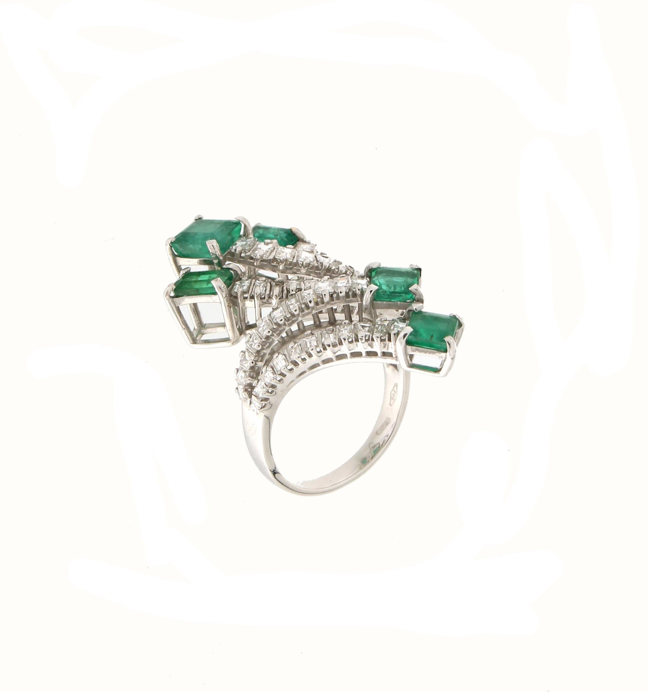 Baguette Cut Handcraft 18 Karat White Gold Diamonds Emeralds Cocktail Ring For Sale