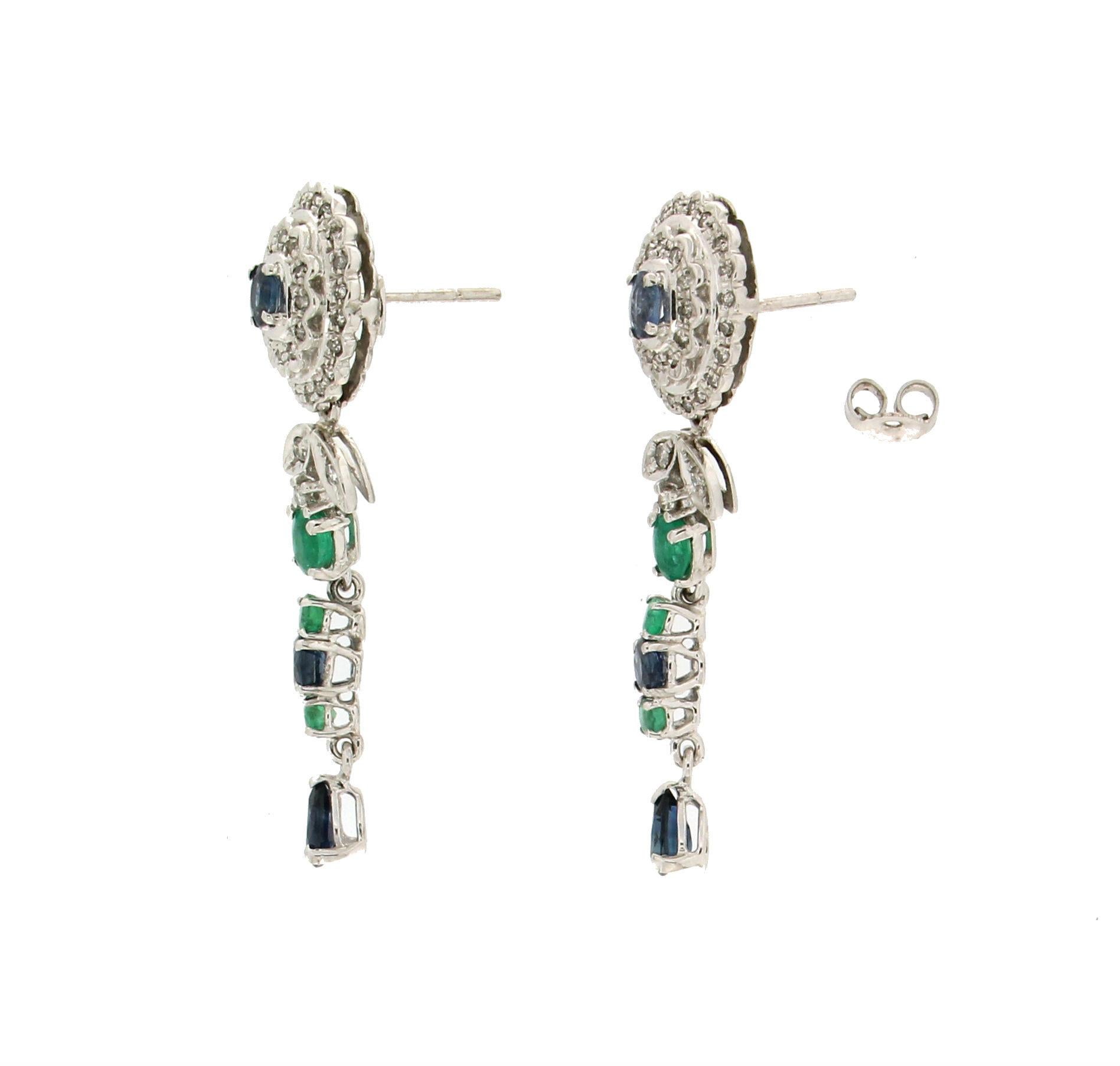Artisan Handcraft 18 Karat White Gold Diamonds Emeralds Sapphires Drop Earrings For Sale