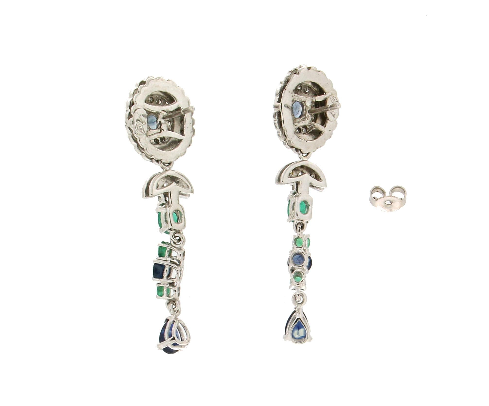 Mixed Cut Handcraft 18 Karat White Gold Diamonds Emeralds Sapphires Drop Earrings For Sale