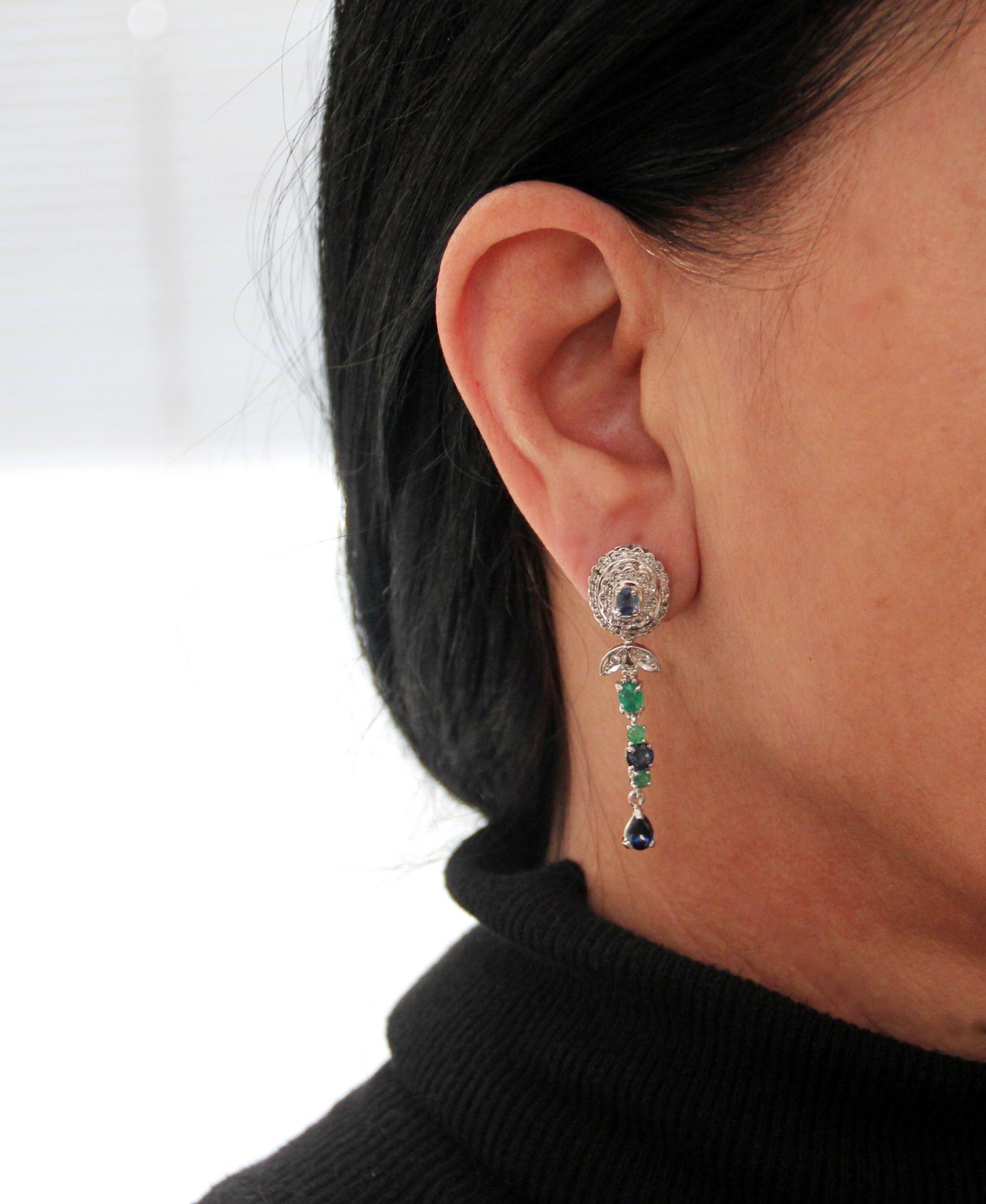 Women's or Men's Handcraft 18 Karat White Gold Diamonds Emeralds Sapphires Drop Earrings For Sale