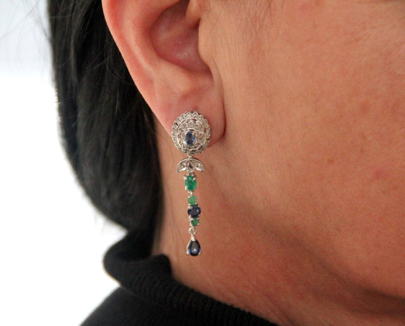 Handcraft 18 Karat White Gold Diamonds Emeralds Sapphires Drop Earrings For Sale 1