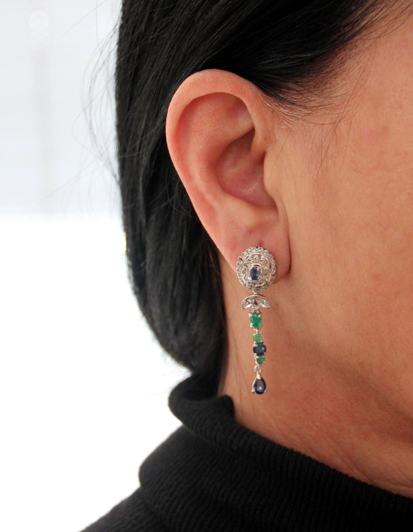 Handcraft 18 Karat White Gold Diamonds Emeralds Sapphires Drop Earrings For Sale 2