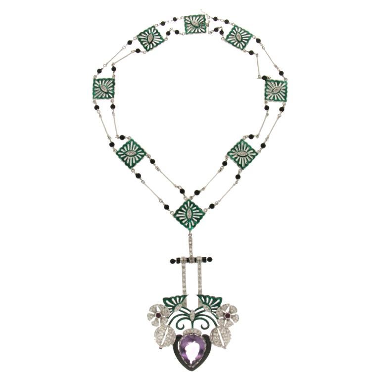 Handcraft 18 Karat White Gold Diamonds Onyx Amethyst Rubies Enamel Necklace