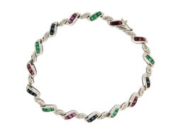 Handcraft 18 Karat White Gold Diamonds Ruby Emeralds and Sapphires Cuff Bracelet