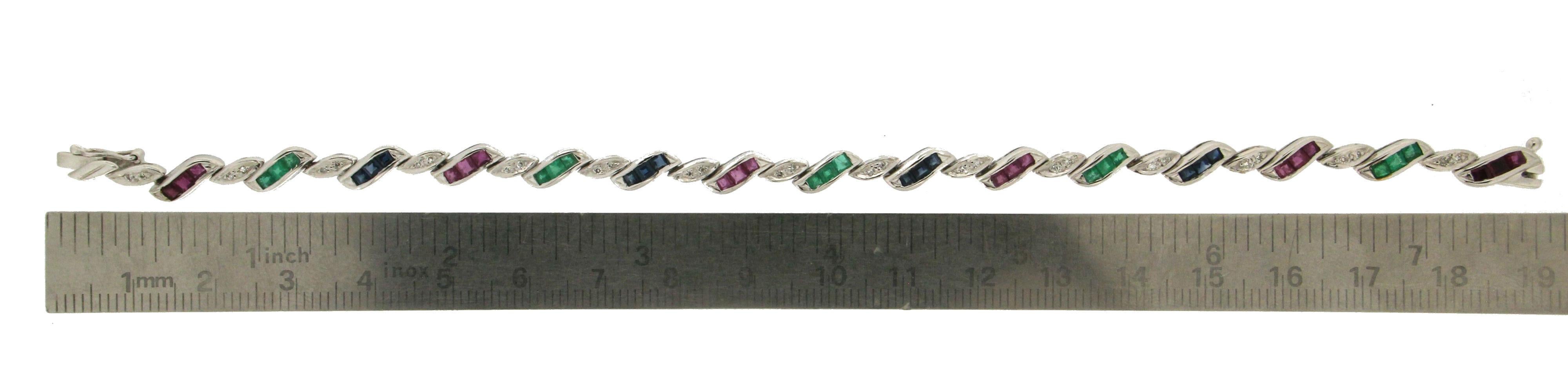 Women's or Men's Handcraft 18 Karat White Gold Diamonds Ruby Emeralds and Sapphires Cuff Bracelet For Sale