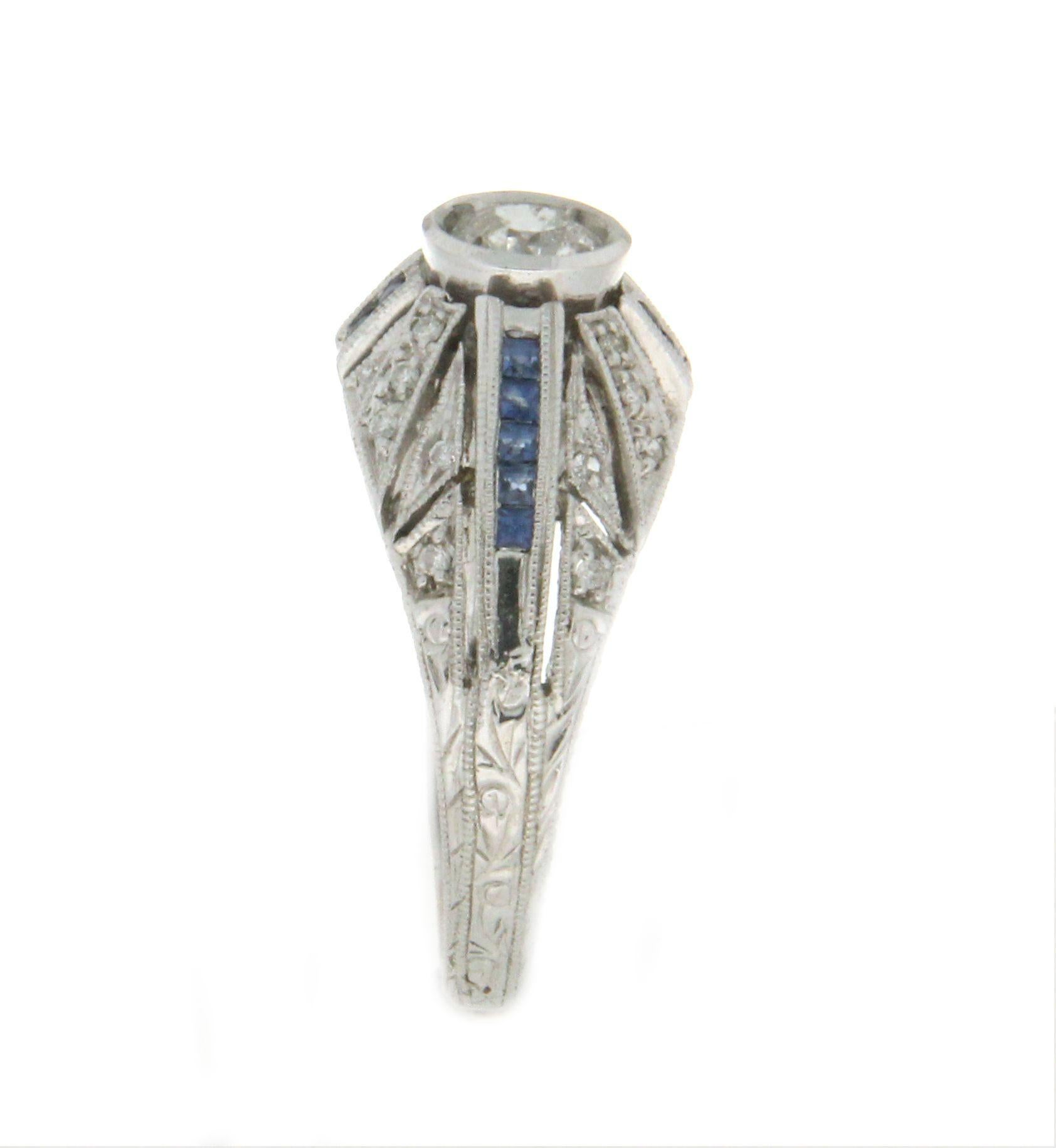 Women's Handcraft 18 Karat White Gold Diamonds Sapphires Cocktail Ring For Sale