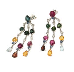 Handcraft 18 Karat White Gold Diamonds Tourmaline Sapphires Drop Earrings