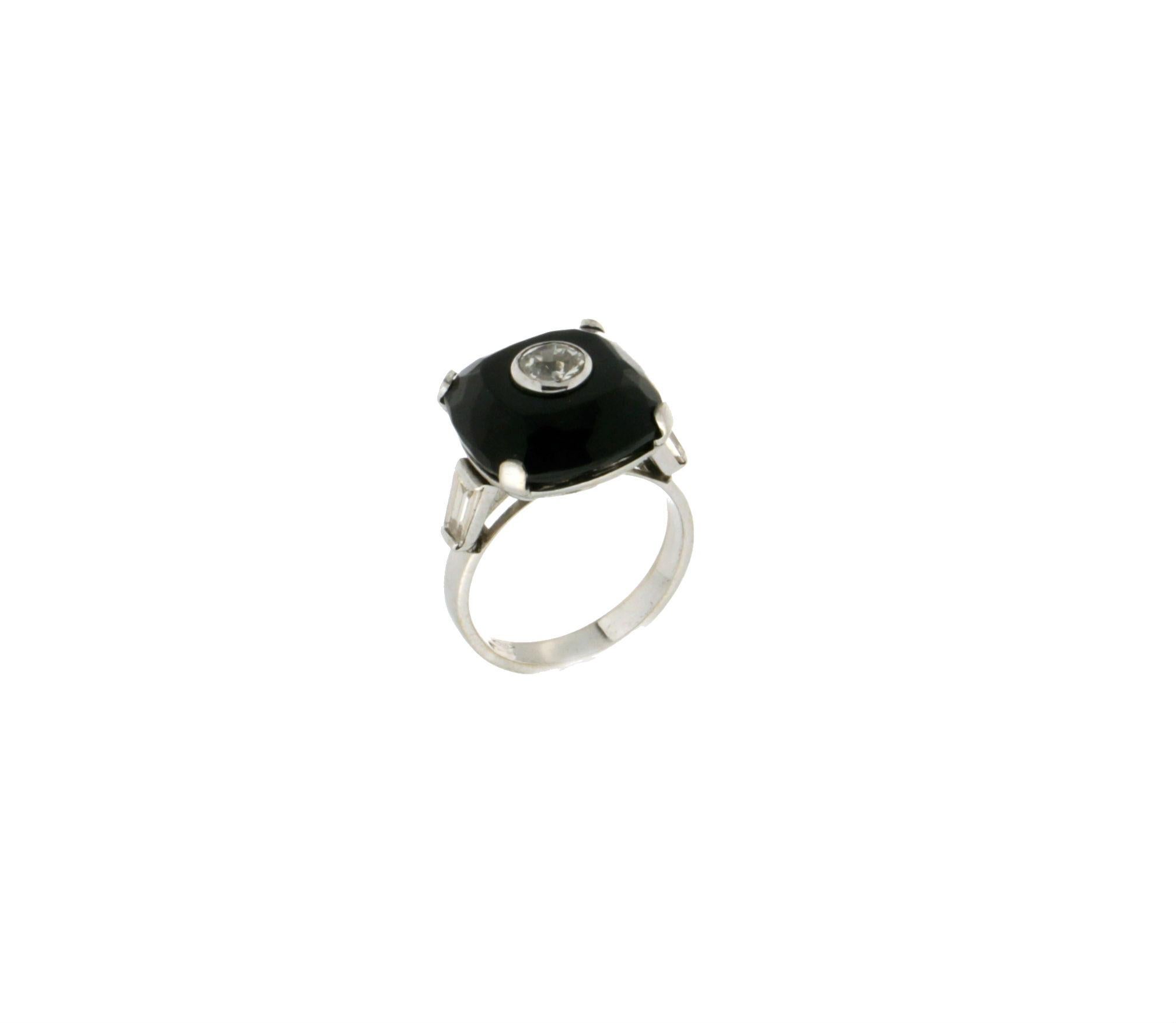 Women's Handcraft 18 Karat White Gold Onyx and Diamond Cocktail Ring For Sale