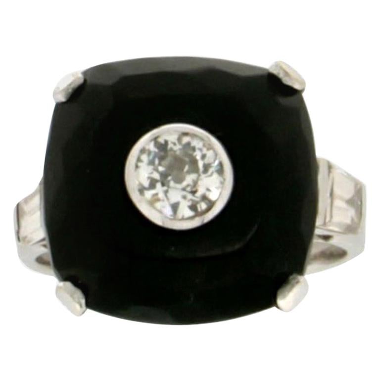 Handcraft 18 Karat White Gold Onyx and Diamond Cocktail Ring For Sale