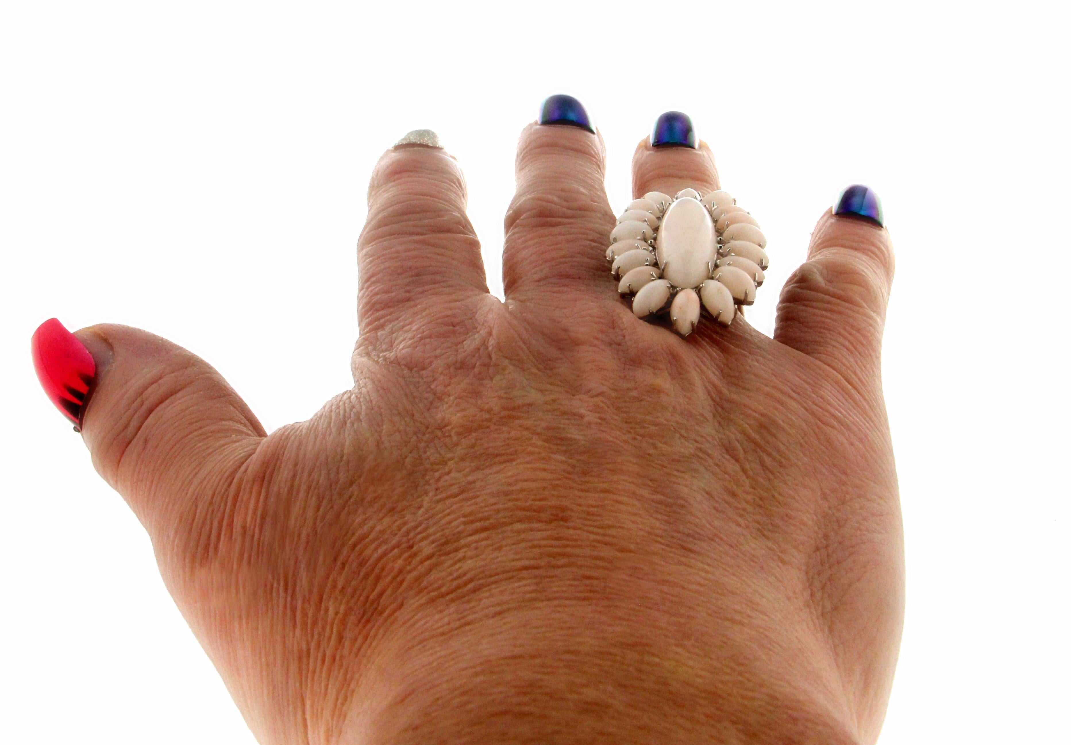 Handcraft 18 Karat White Gold Pink Coral Cocktail Ring For Sale 5
