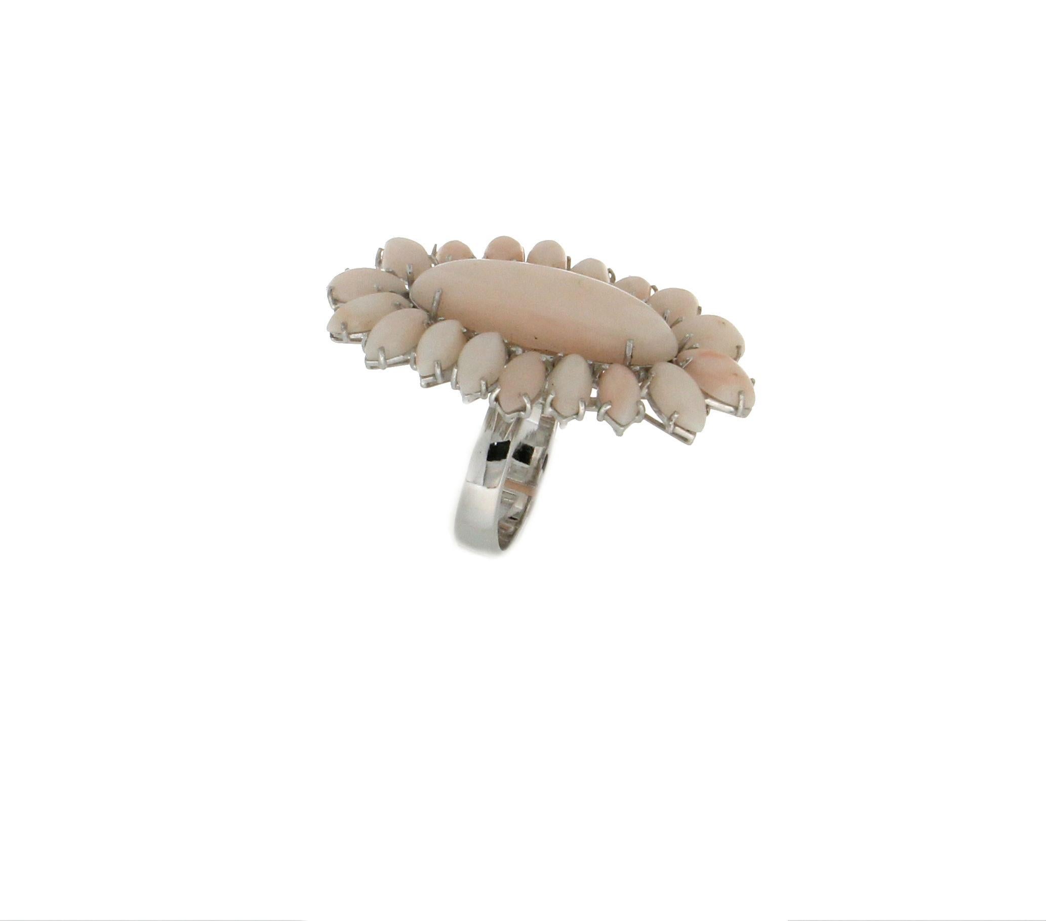 Marquise Cut Handcraft 18 Karat White Gold Pink Coral Cocktail Ring For Sale