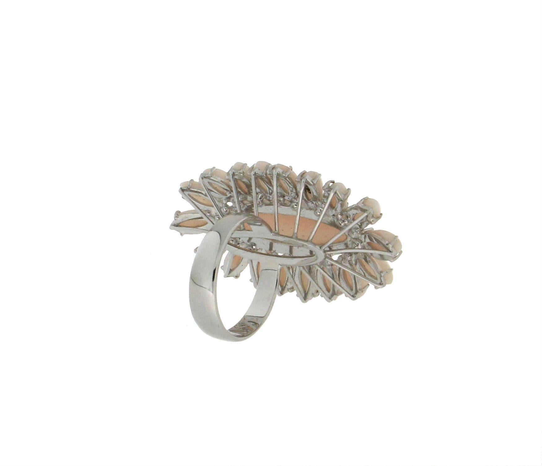 Women's or Men's Handcraft 18 Karat White Gold Pink Coral Cocktail Ring For Sale
