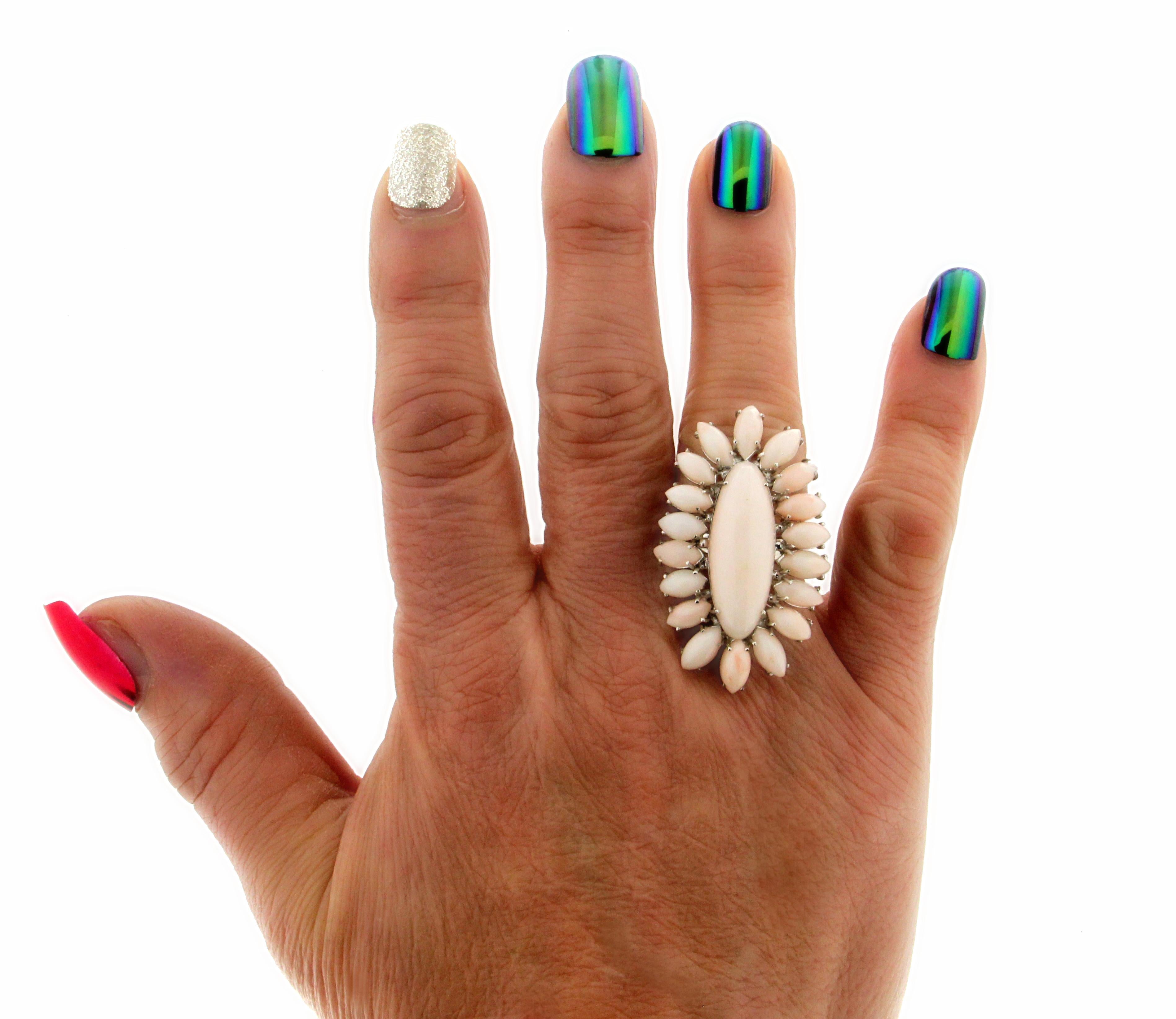 Handcraft 18 Karat White Gold Pink Coral Cocktail Ring For Sale 4
