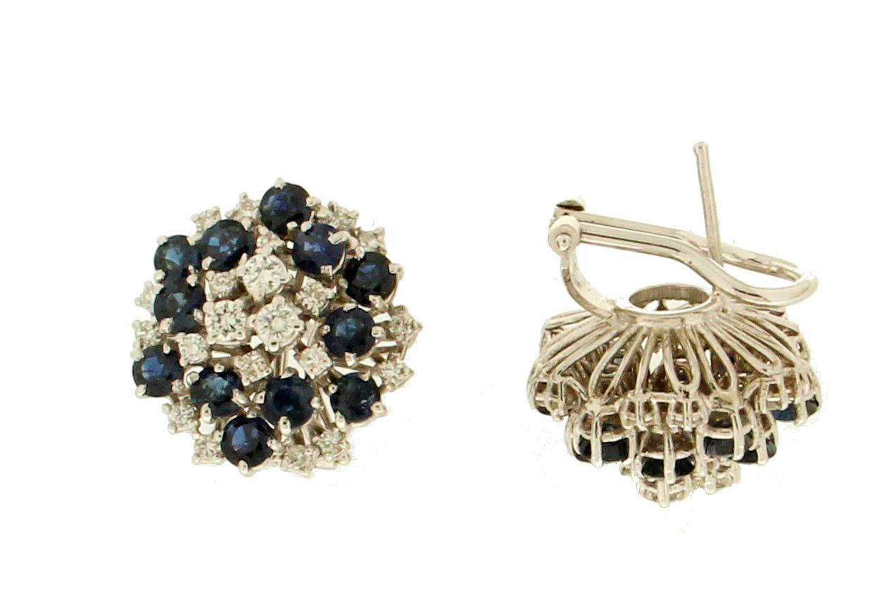Women's Handcraft 18 Karat White Gold Sapphires Diamonds Stud Earrings For Sale