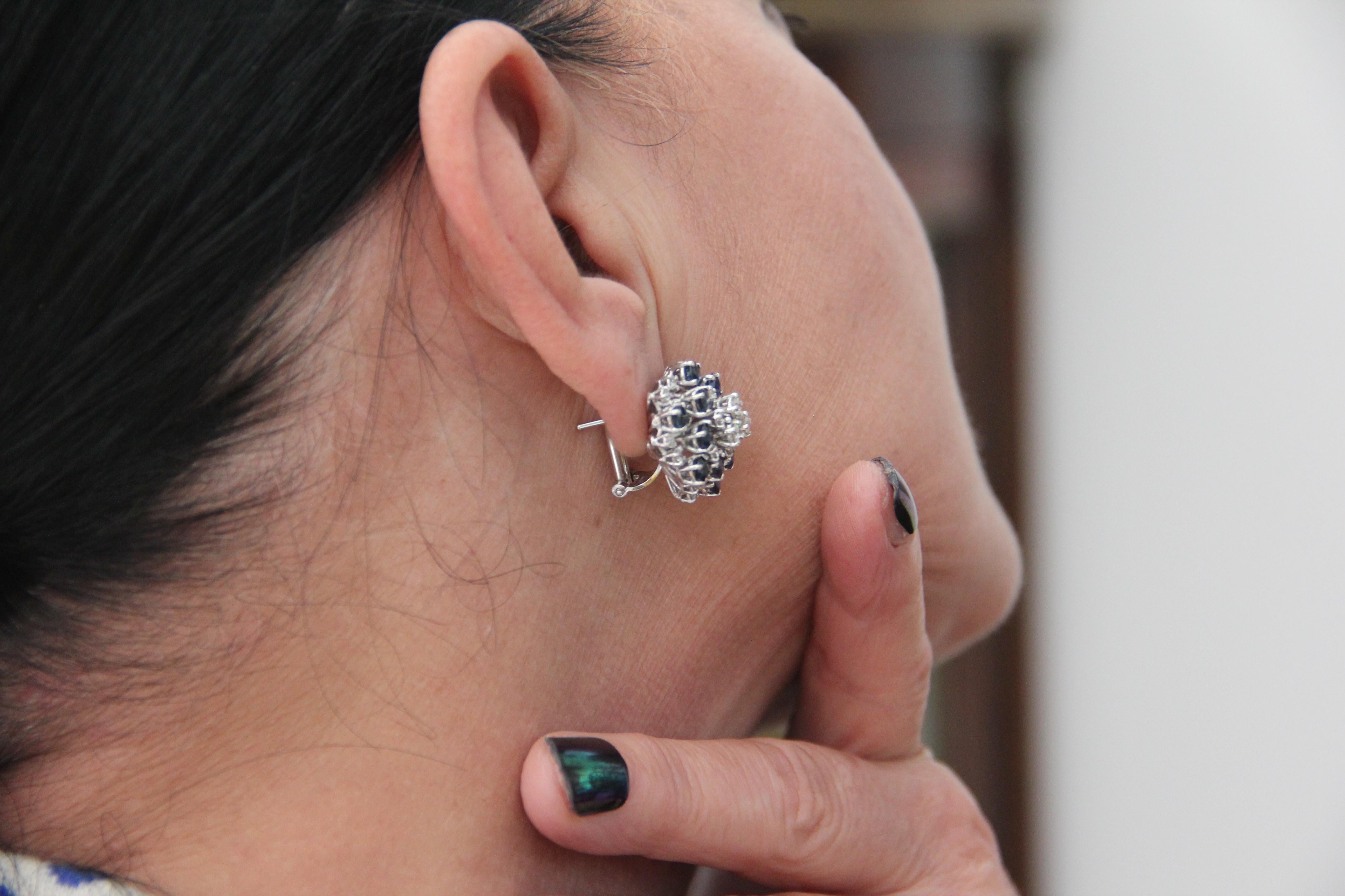 Handcraft 18 Karat White Gold Sapphires Diamonds Stud Earrings For Sale 2